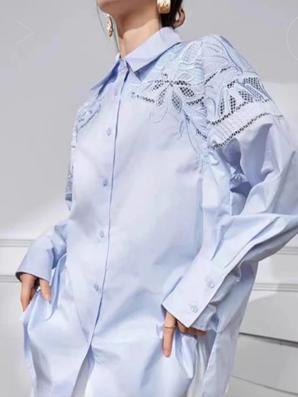 Plum Jan NWOT Light Blue Lace Shoulder Button-Down Shirt